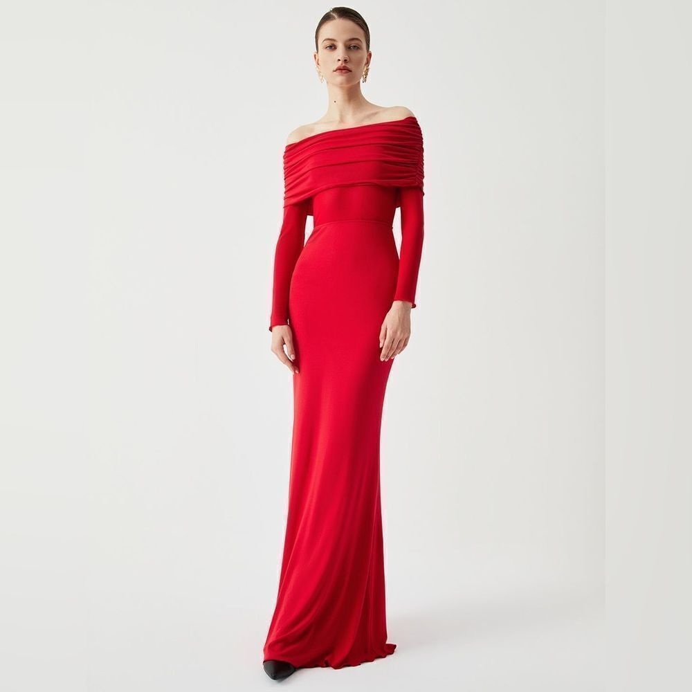 NWT Commense Red Off The Shoulder Sheer Mesh Panel Long Sleeve Maxi Dress -Small